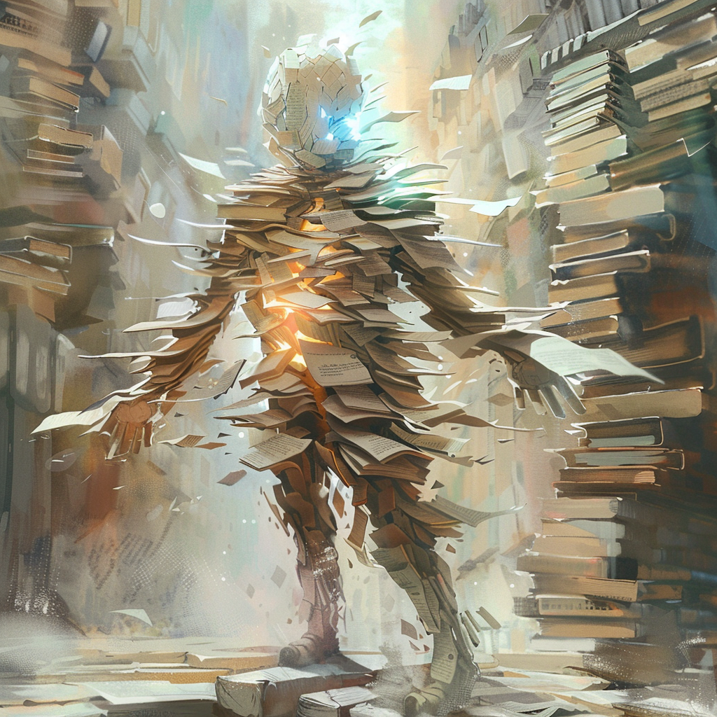 Fantasy elemental made of books and folders, watercolor style.