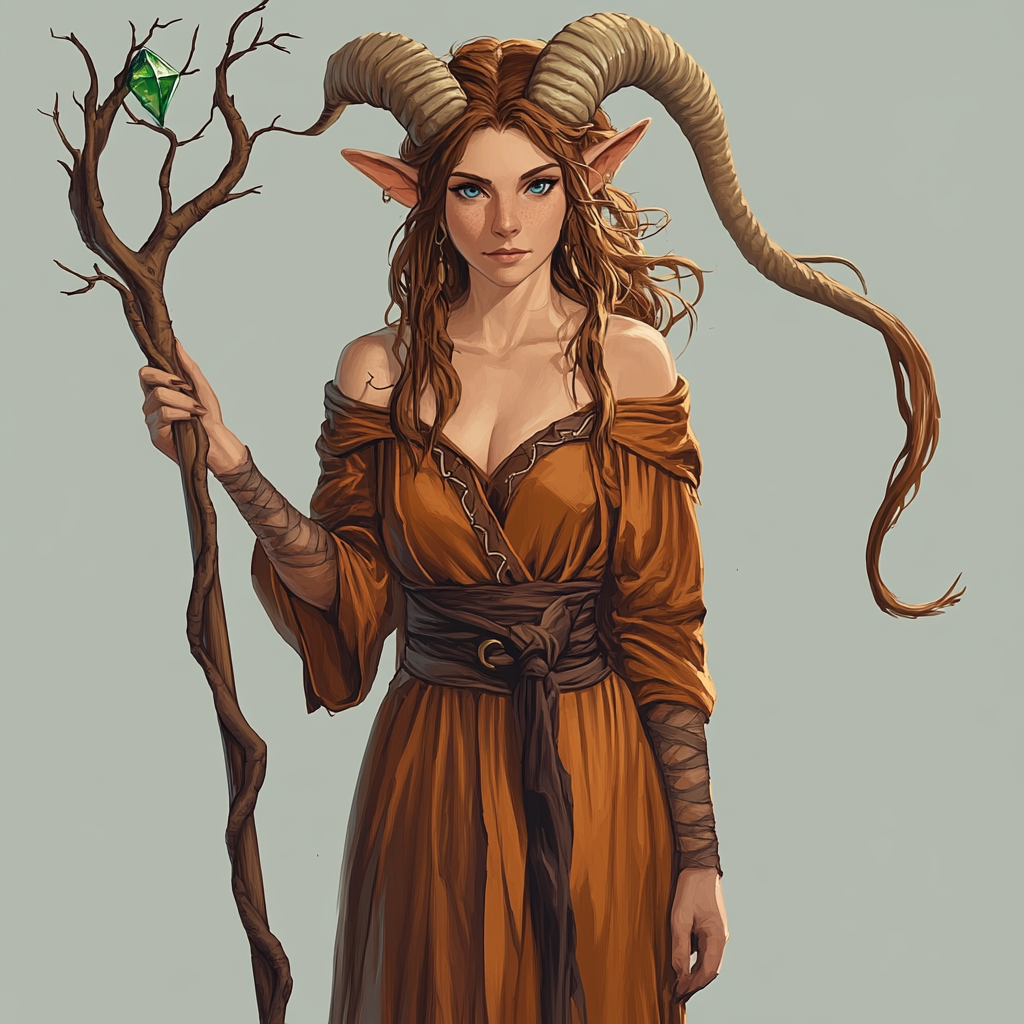 Fantasy female Satyr with ornamental staff. D&D RPG.