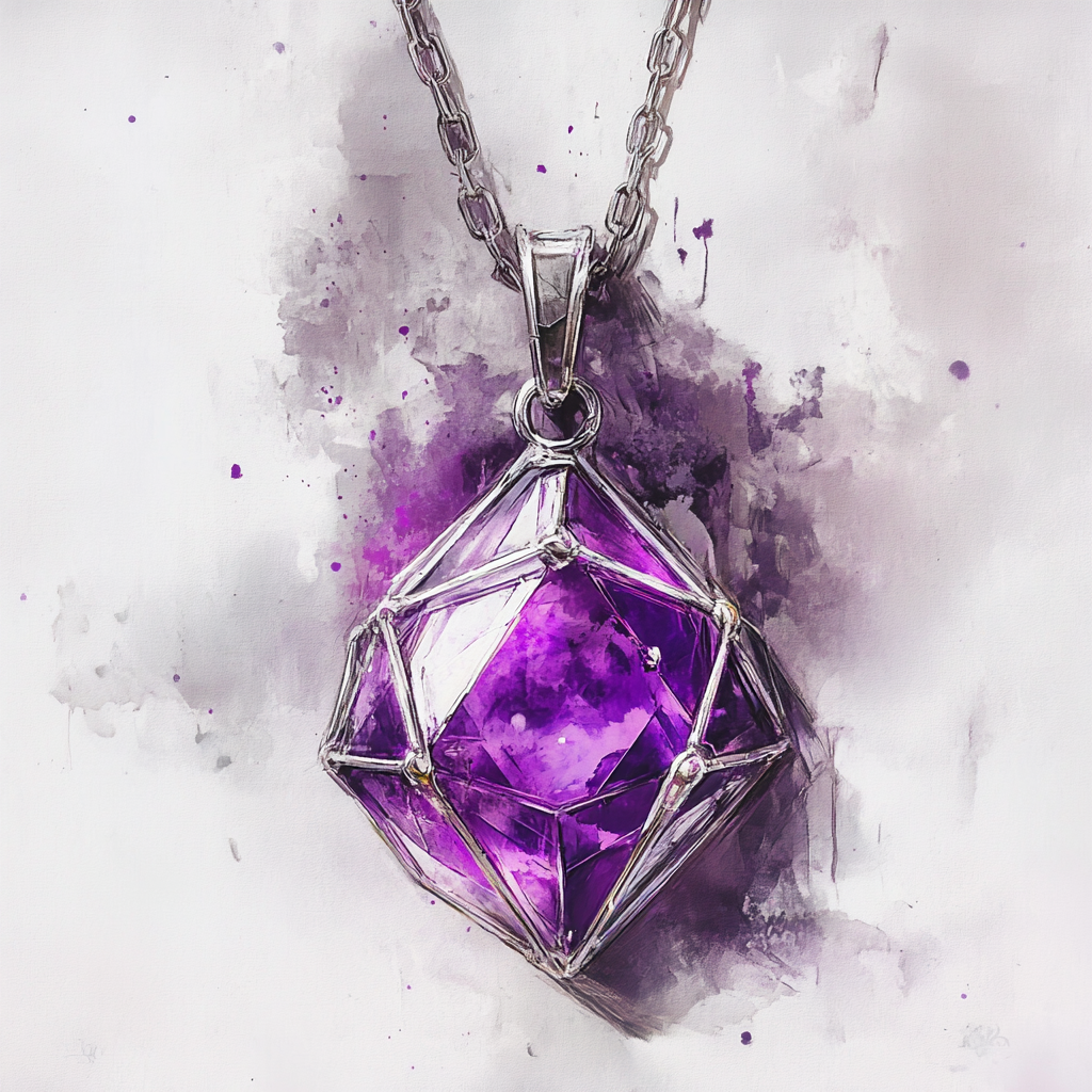 Fantasy game necklace with purple gem in cage