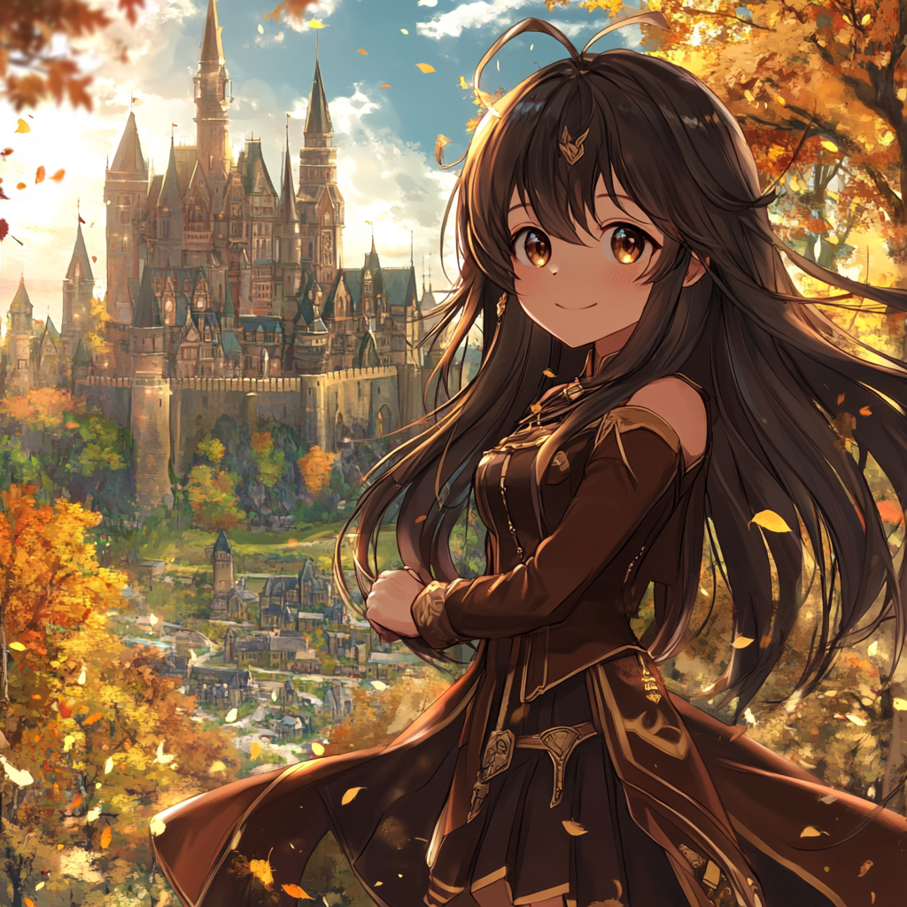 Fantasy girl with long hair in castle town