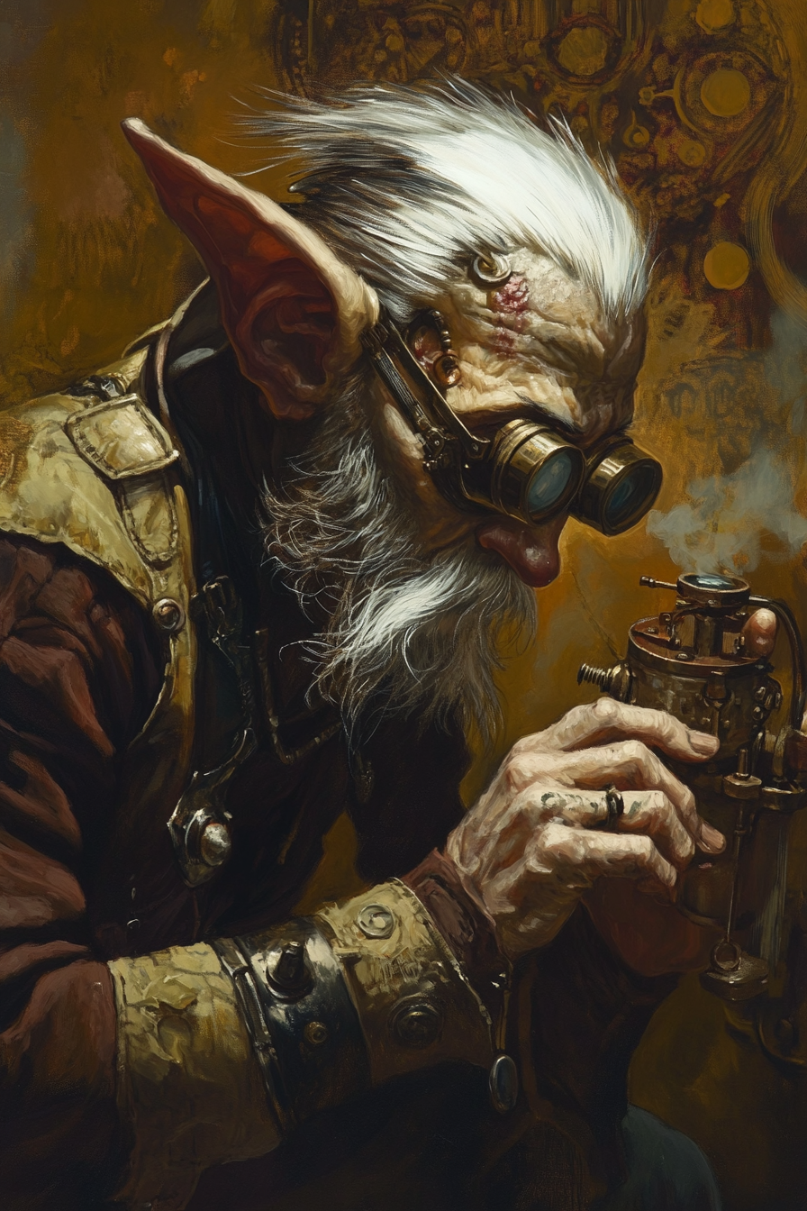 Fantasy gnome with monocle analyzing magical artifact painting.