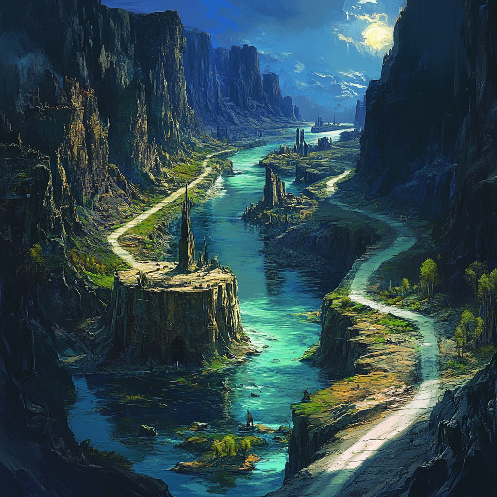 Fantasy landscape with wide river, ancient ruins, dungeons.