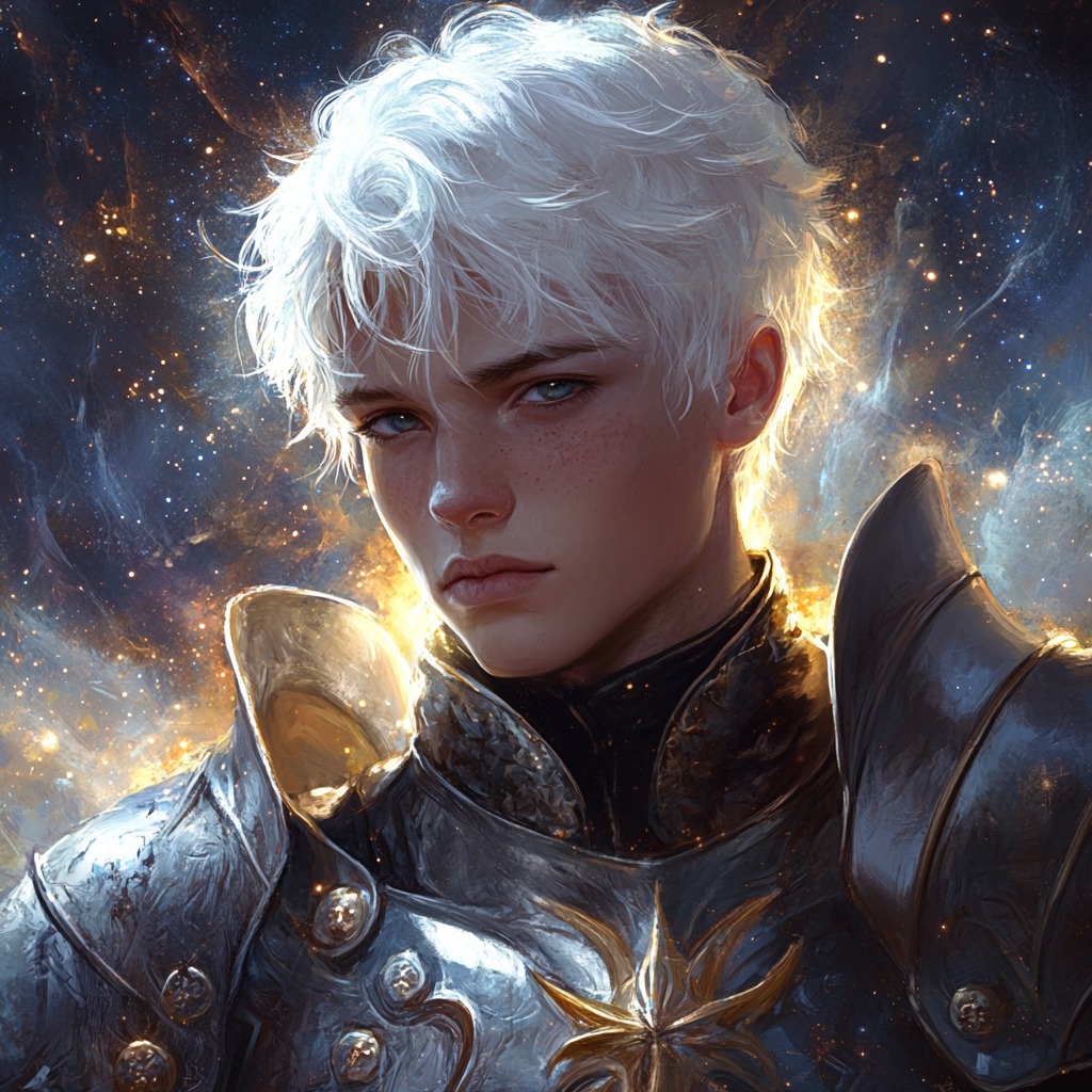 Fantasy lunar prince, human twink in armor portrait.