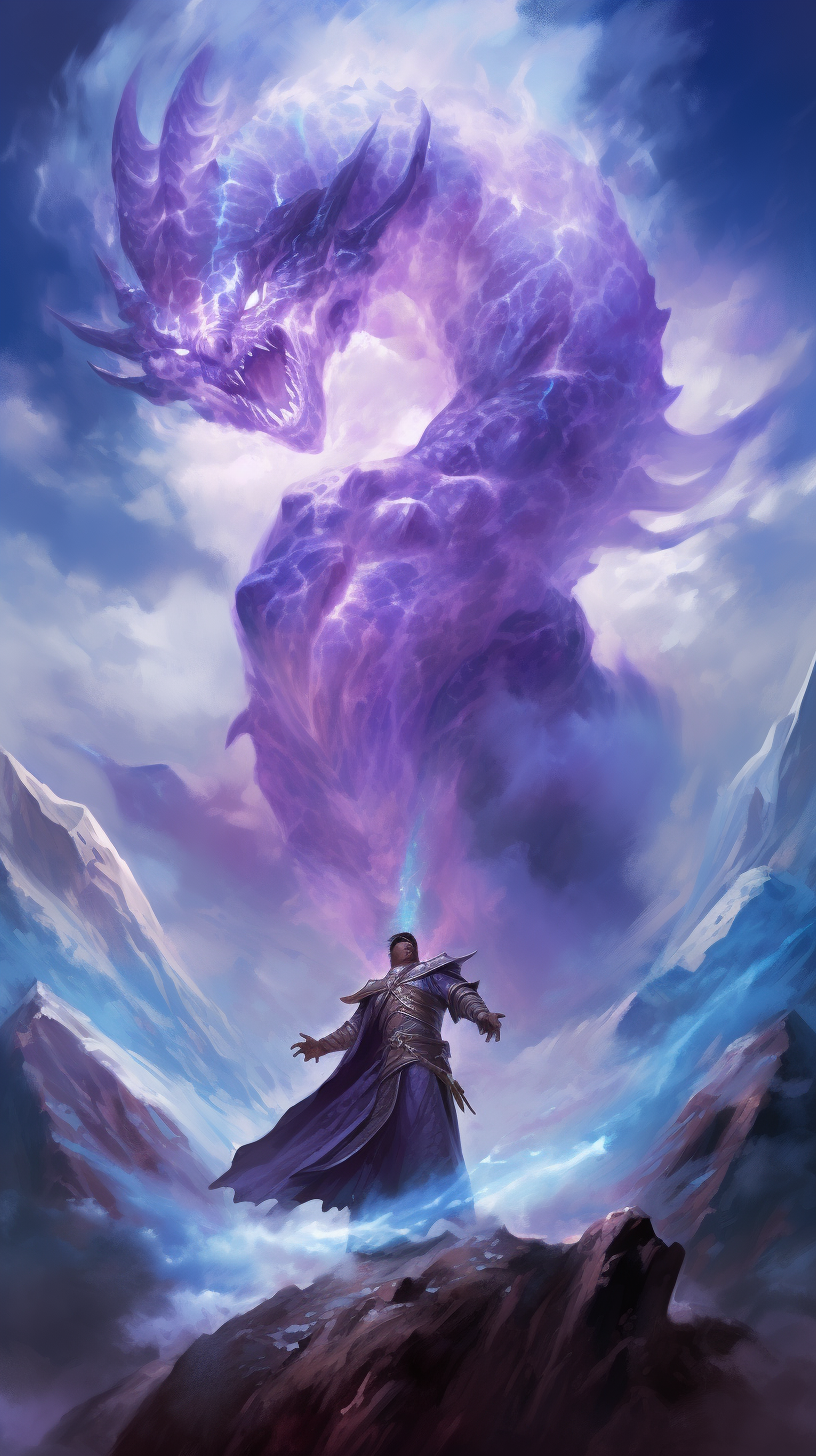 Fantasy monk with ice power, glowing eyes on mountaintop.