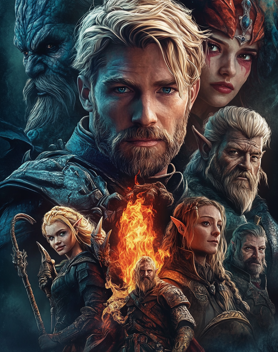 Fantasy movie poster with diverse characters and evil Lord.