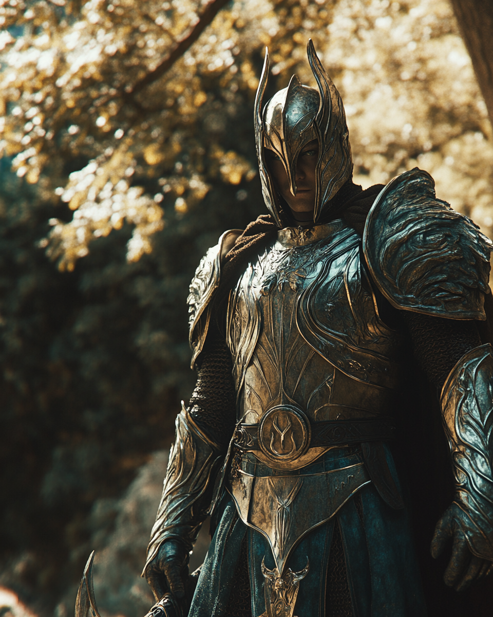 Fantasy movie scene with Elven King in armor.