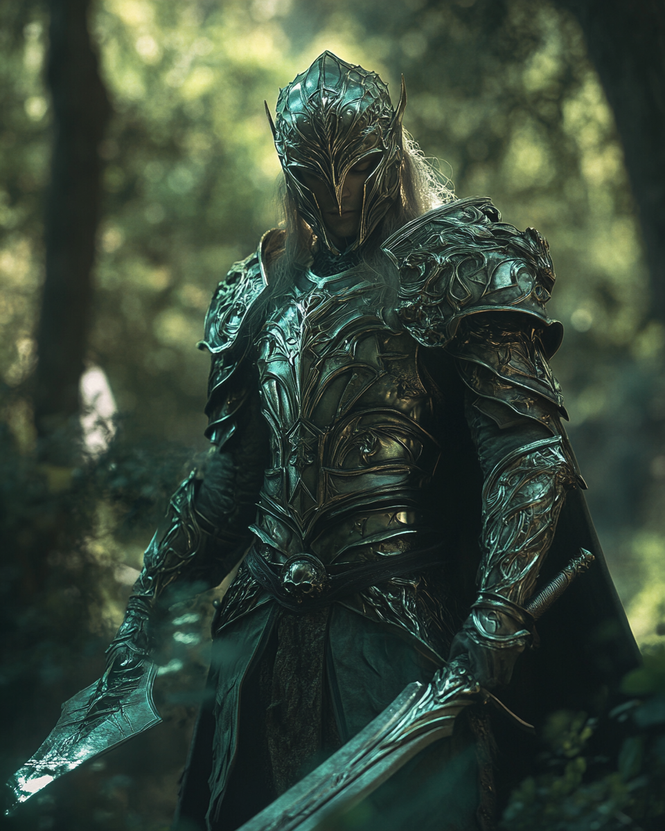 Fantasy movie with Elven King in shiny armor.