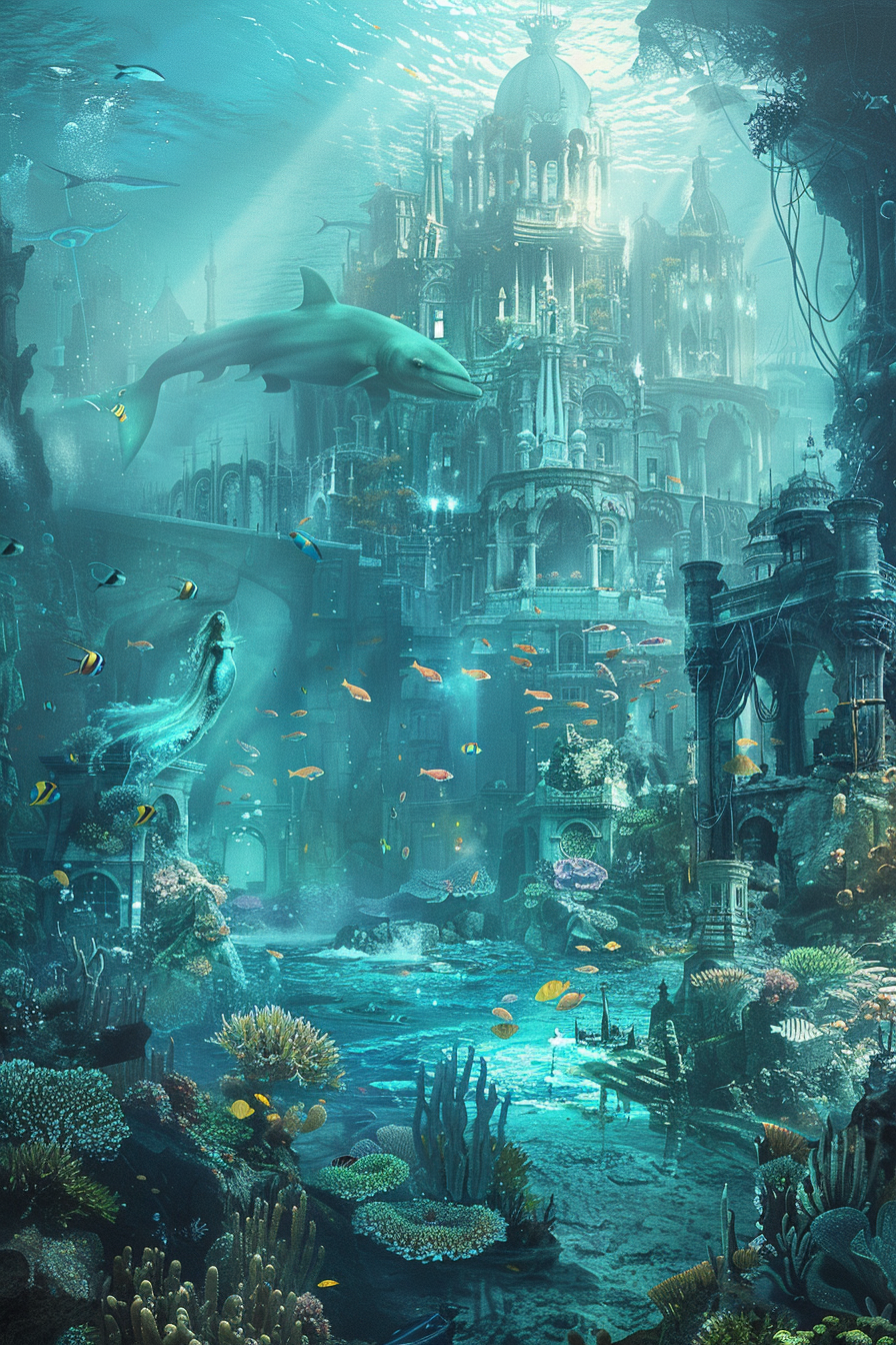 Fantasy realm: Underwater kingdom with coral reefs and mermaids.