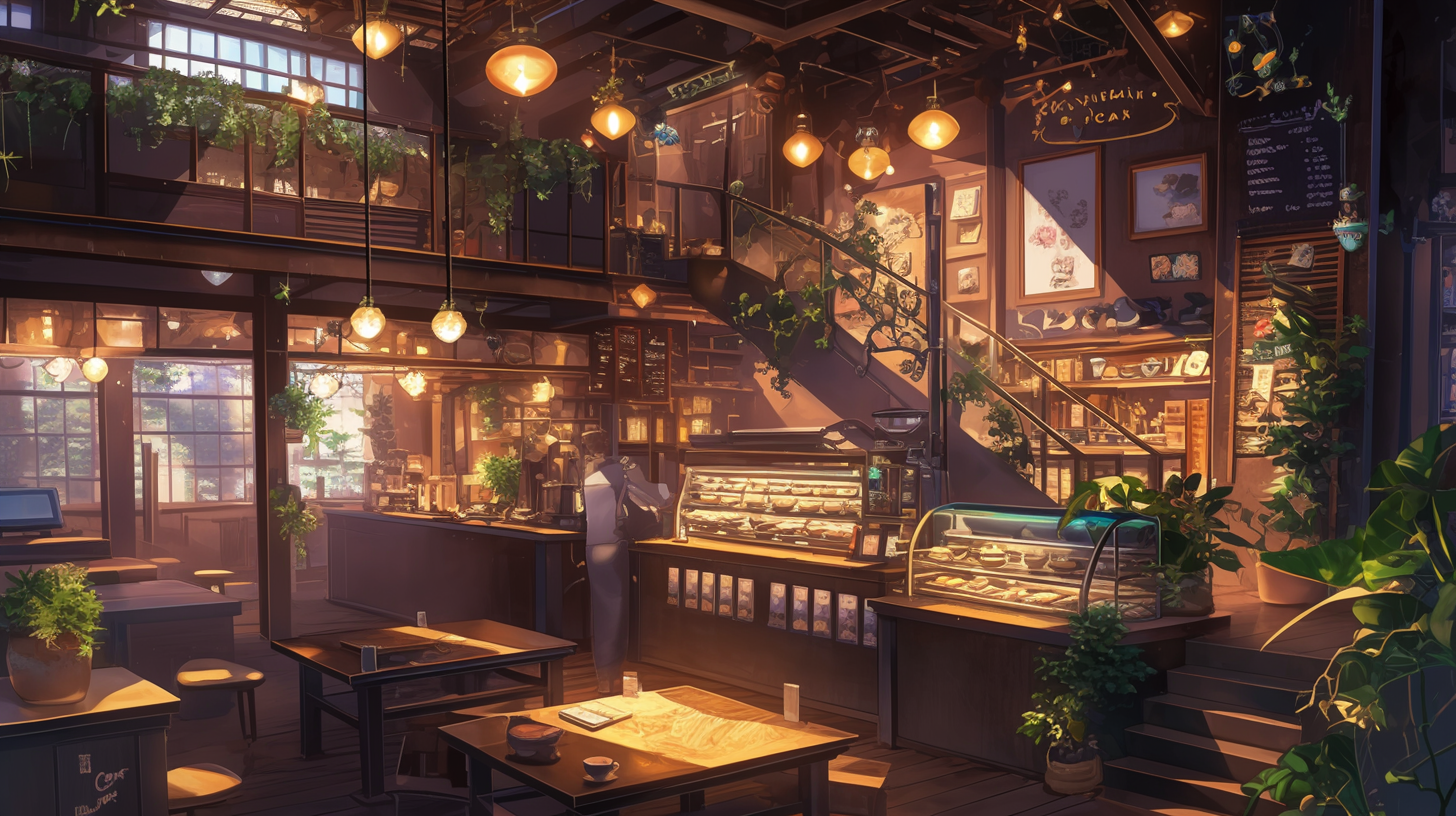 Fantasy-themed coffee shop with pastries and greenery décor