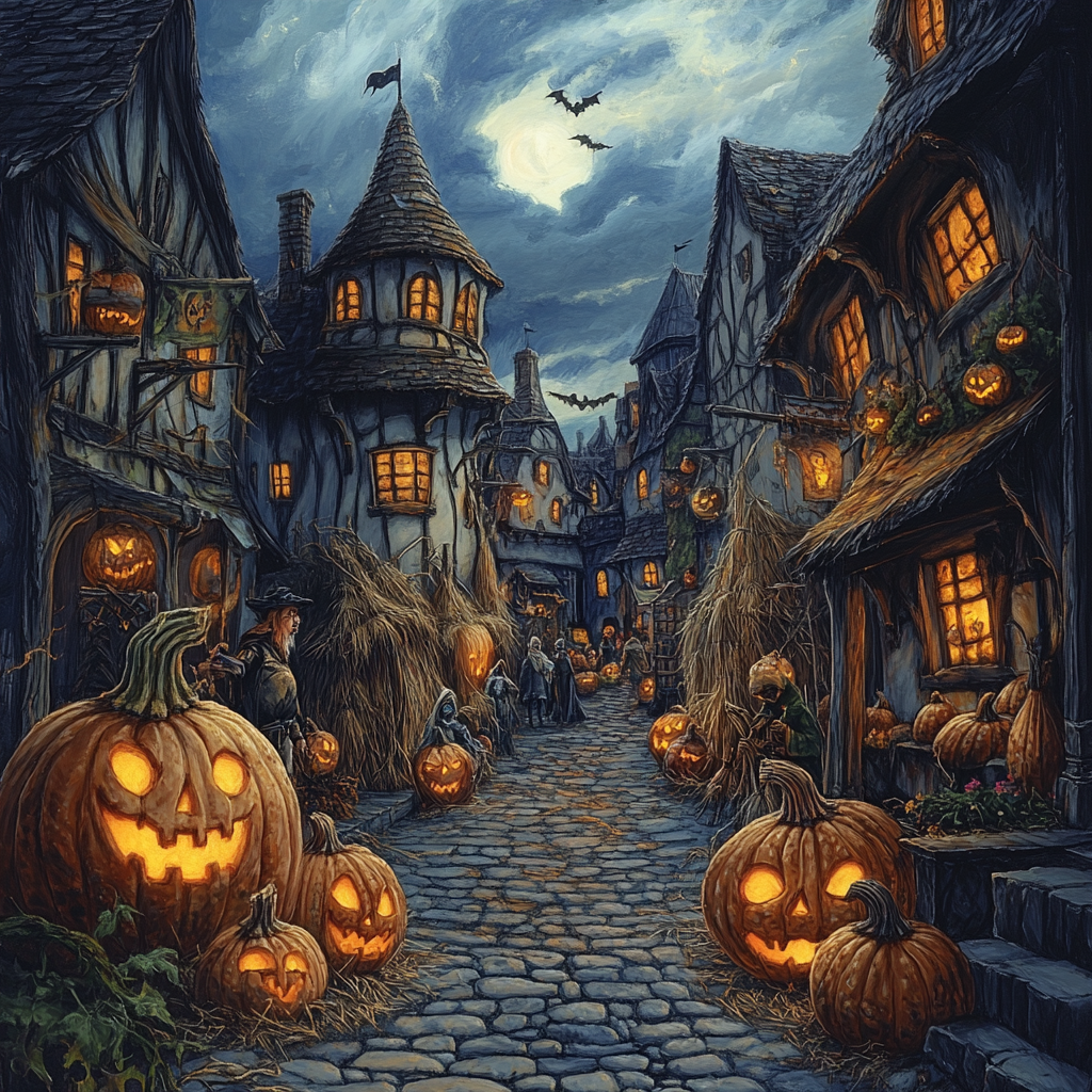 Fantasy village harvest festival with gourds and horror art