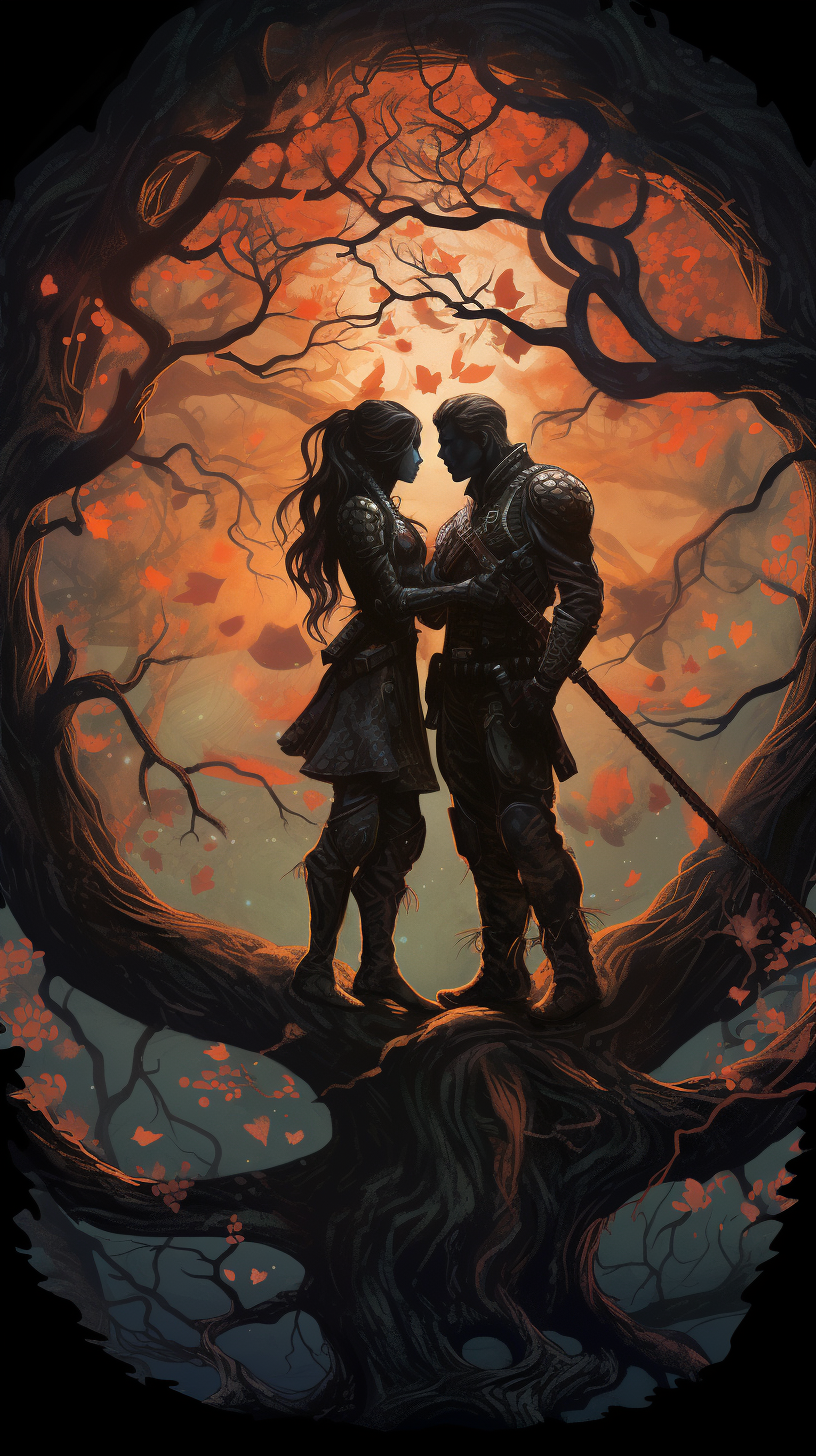 Fantasy warriors in love, with snake and tree.