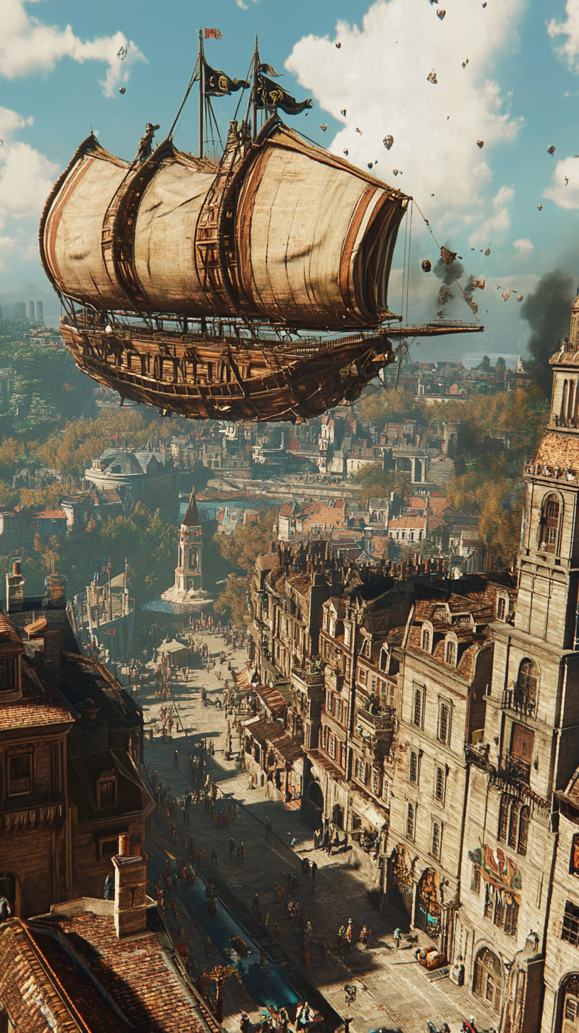 Fantasy wooden airships docking at tower in city.