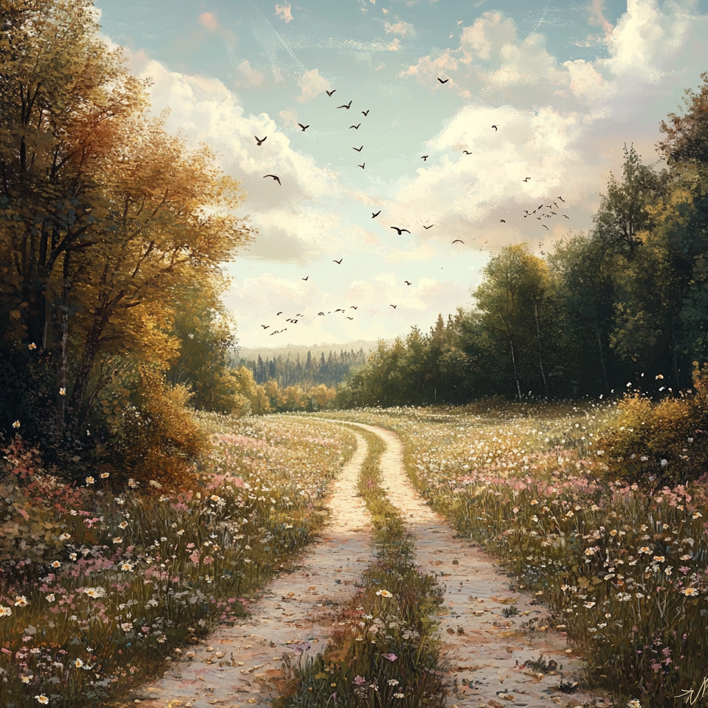 Fantasy world with empty road, flowers, forest, birds.