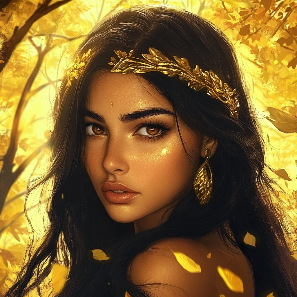 Fantasy young woman in Egyptian jewelry autumnal environment