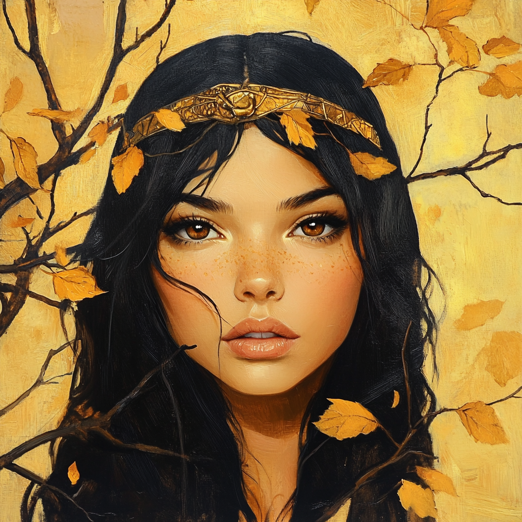 Fantasy young woman in golden Egyptian jewelry, autumn leaves, oil paint - v 6.1