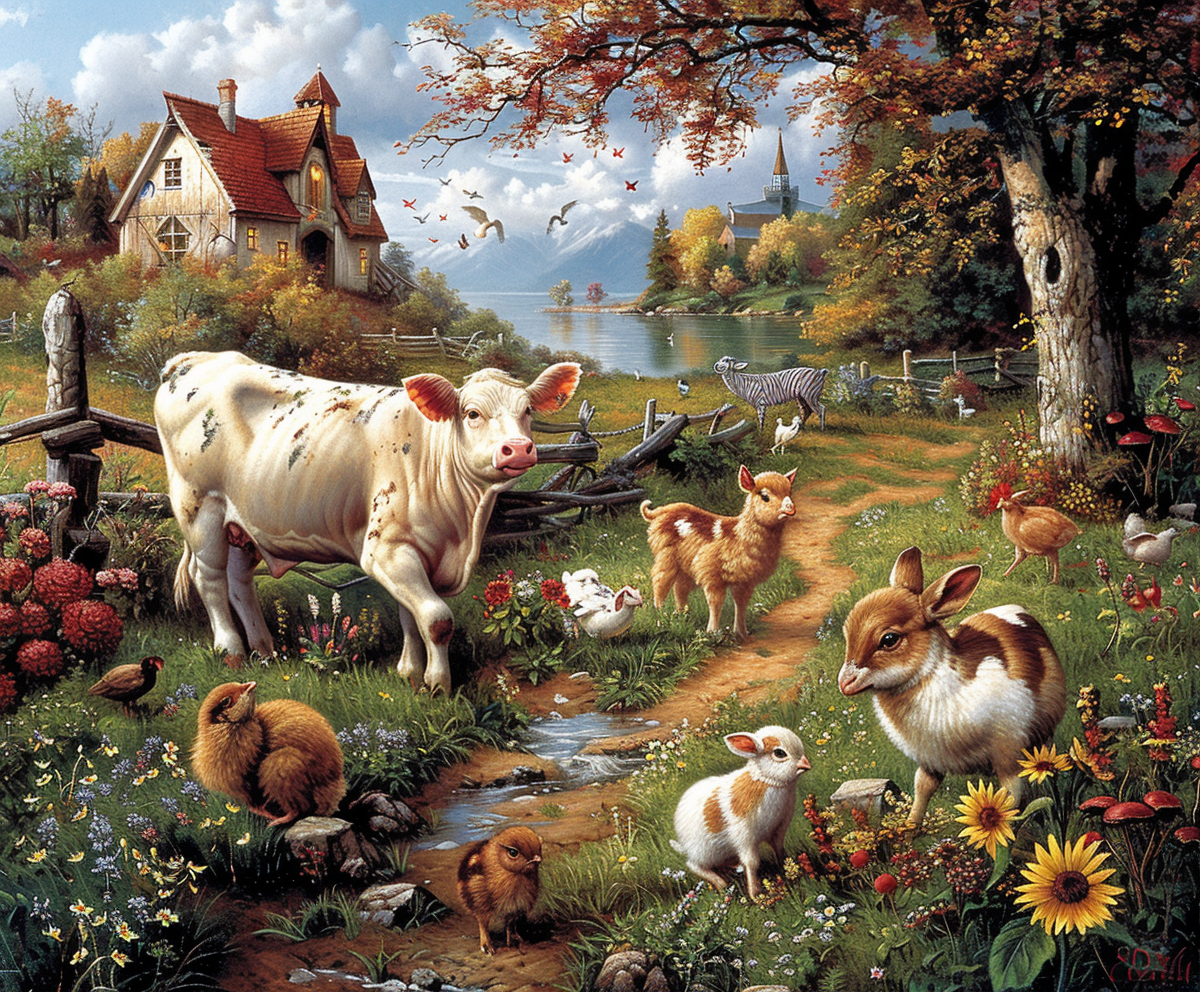 Farm animals in naive painting style