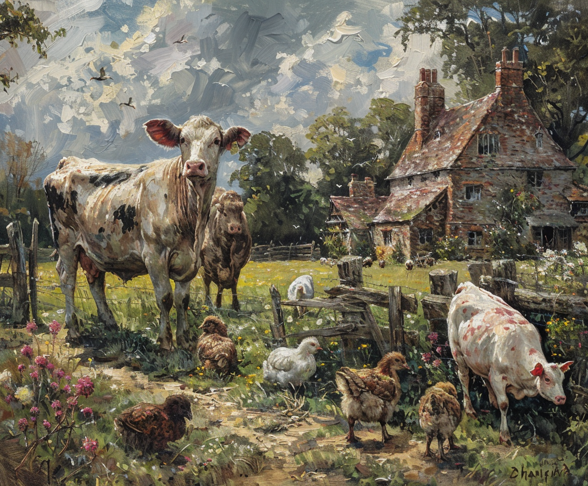 Farm with animals in painting: cow, pig, chicken