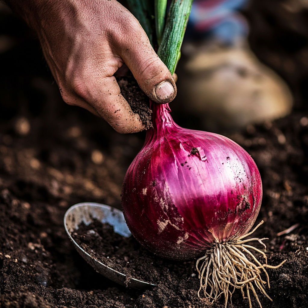 Farmer digs around big red onion with spoon.