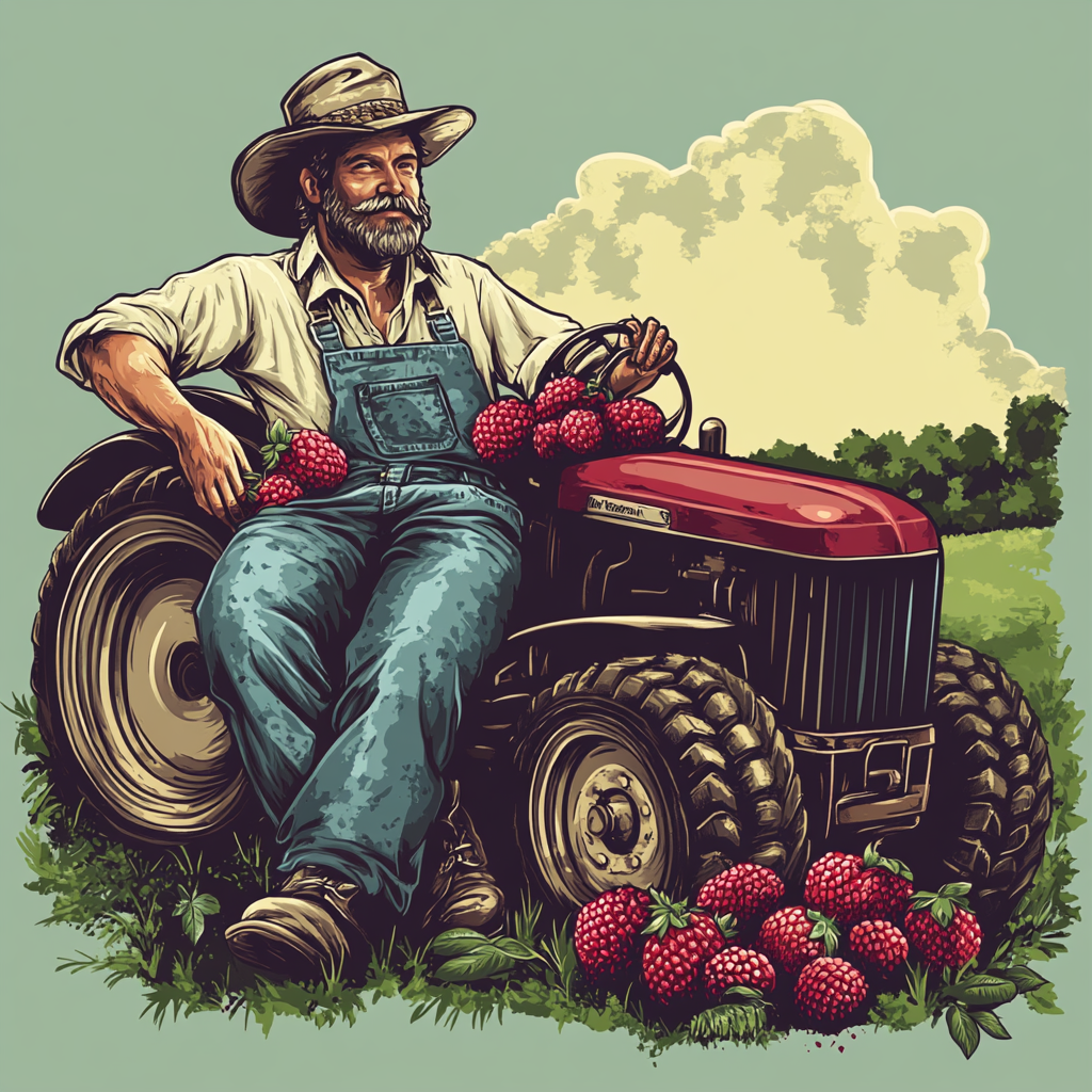 Farmer enjoying fresh strawberries, raspberries, and cherry tomatoes by tractor.