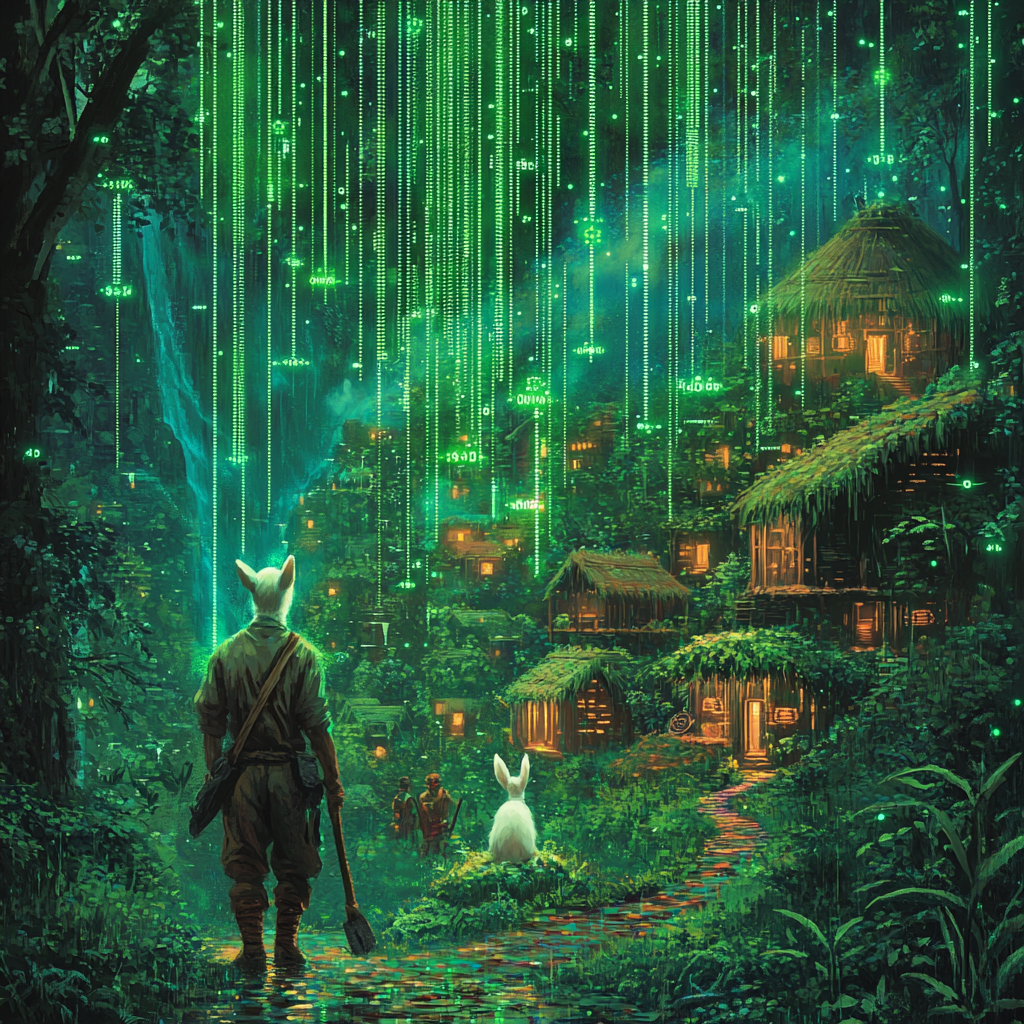 Farmer follows white rabbit through futuristic forest village.