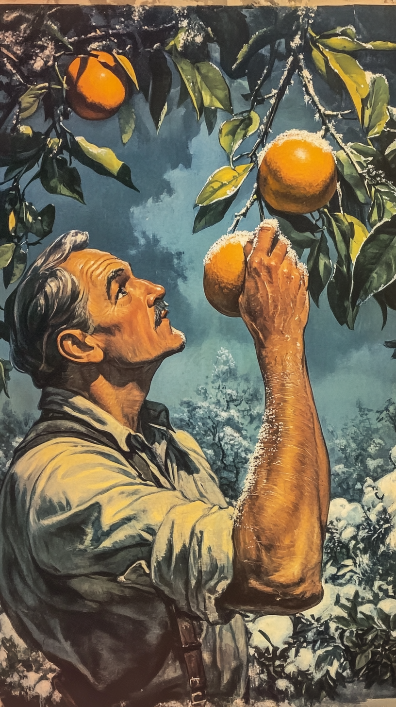 Farmer inspects frosted orange on tree with concern.