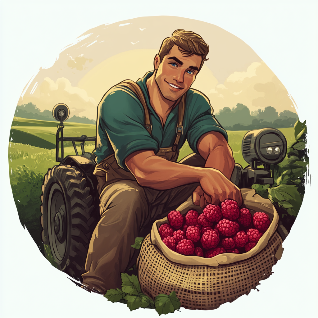 Farmer logo with tractor, raspberries, and green fields.