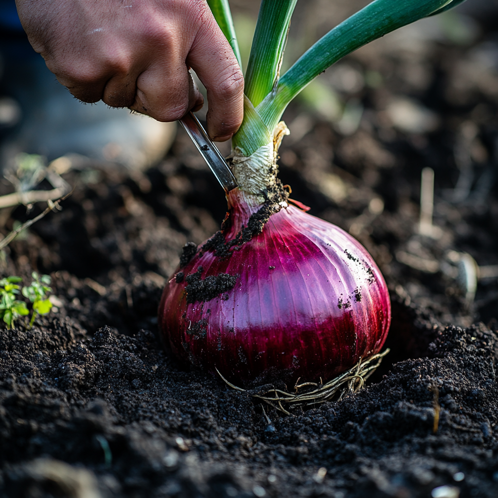 Farmer removes soil around big red onion with spoon.