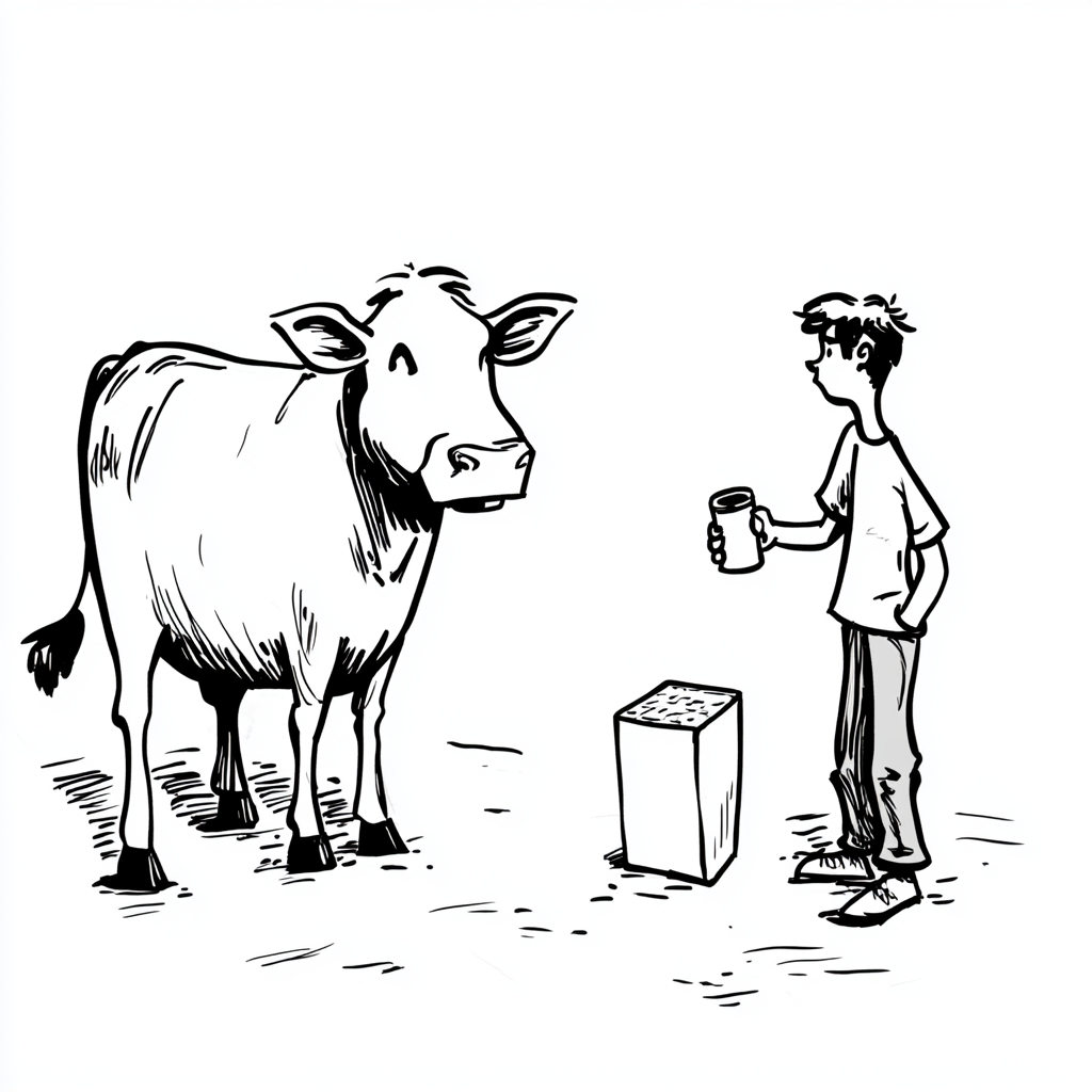 Farmer talks to cow, holding coffee mug