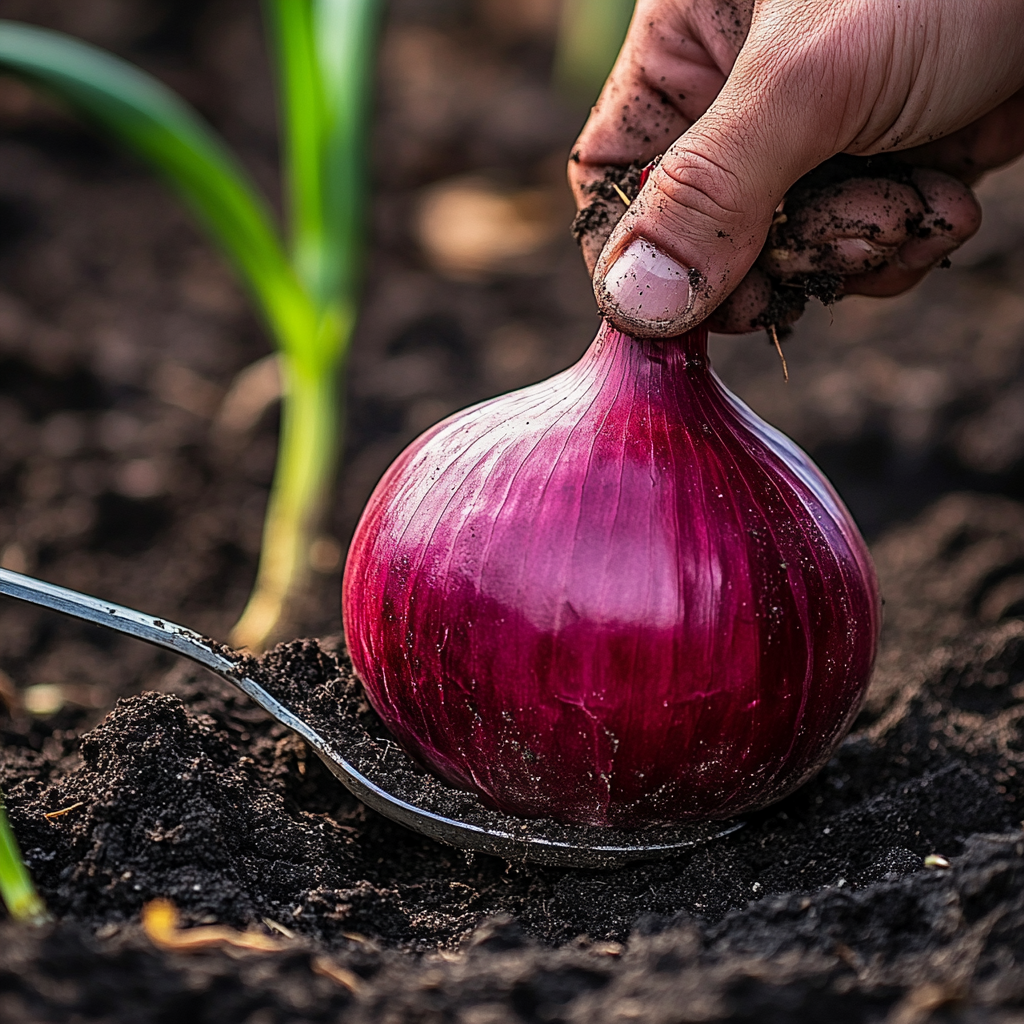 Farmer uses spoon to remove soil from onion.