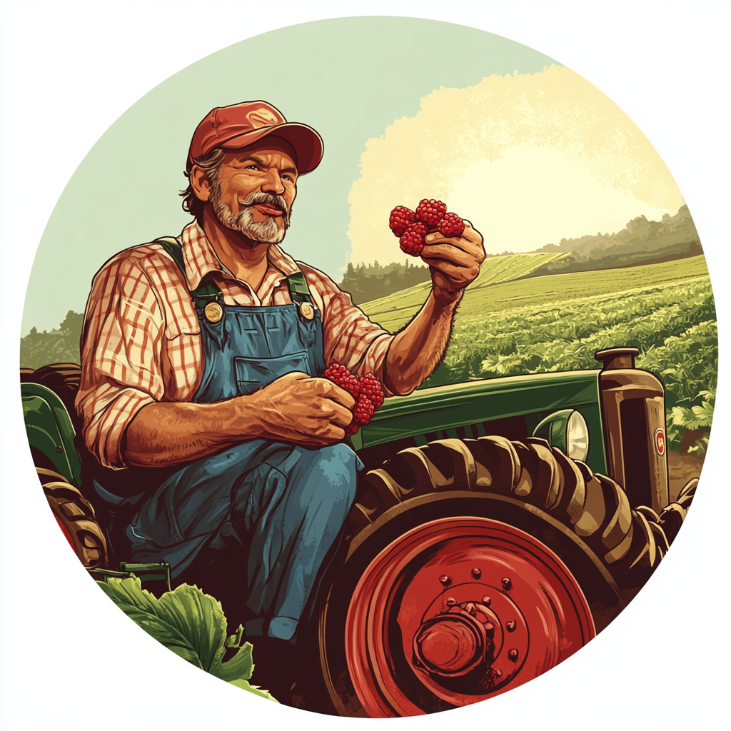 Farmer with berries standing near tractor in field.