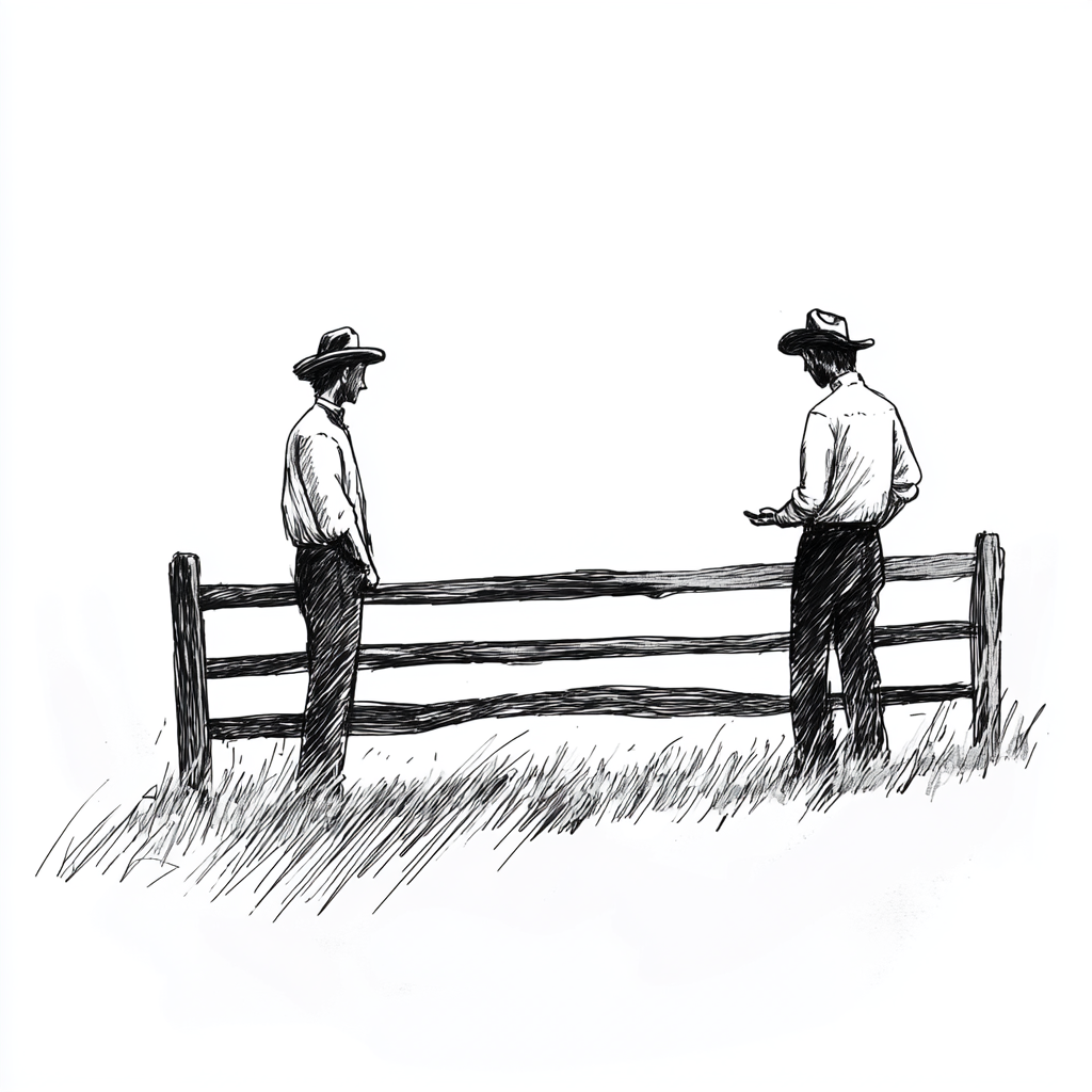 Farmers Talk Over Fence: Minimalist Child's Black & White Drawing