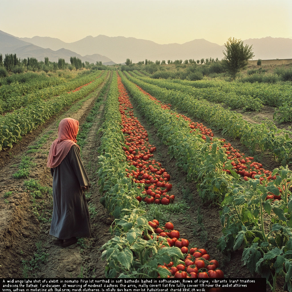 Farmers in Iran picking ripe red tomatoes at dawn