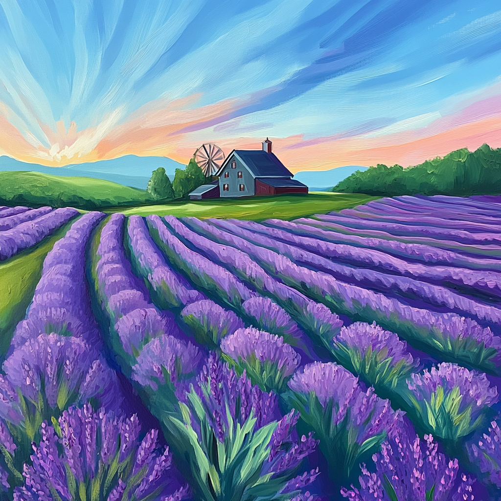 Farmhouse nestled among lush lavender fields under colorful sky.