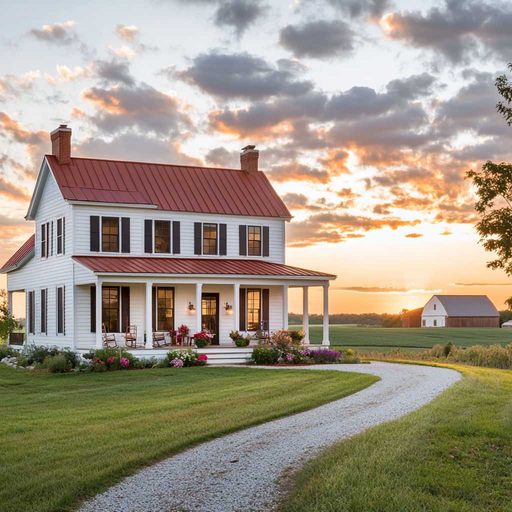 Farmhouse with red roof, white siding, green lawn.