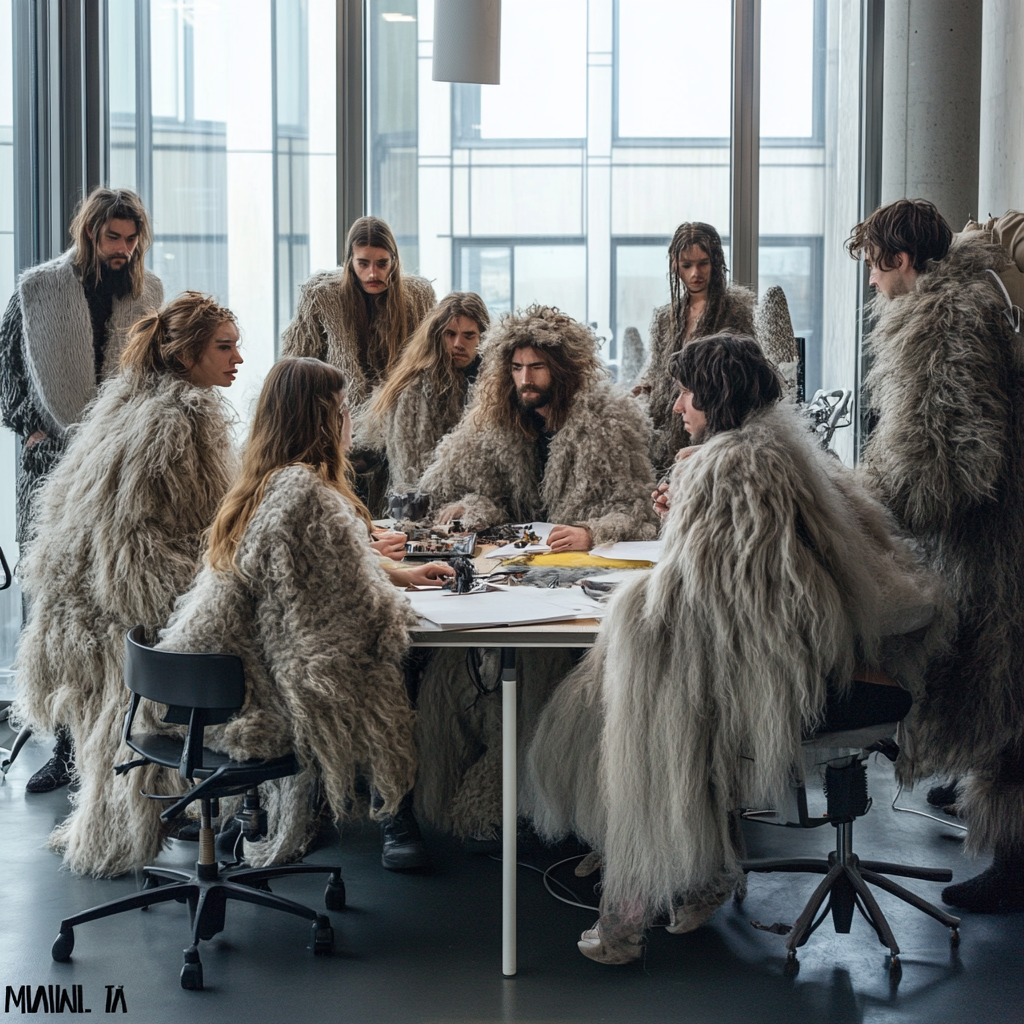 Fashion Designers Creating Futuristic Wool Coat in Modern Office