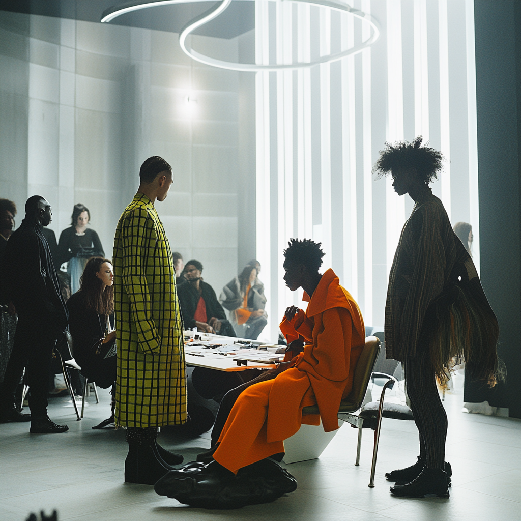 Fashion Designers Creating Wool Coat in Futuristic Workspace