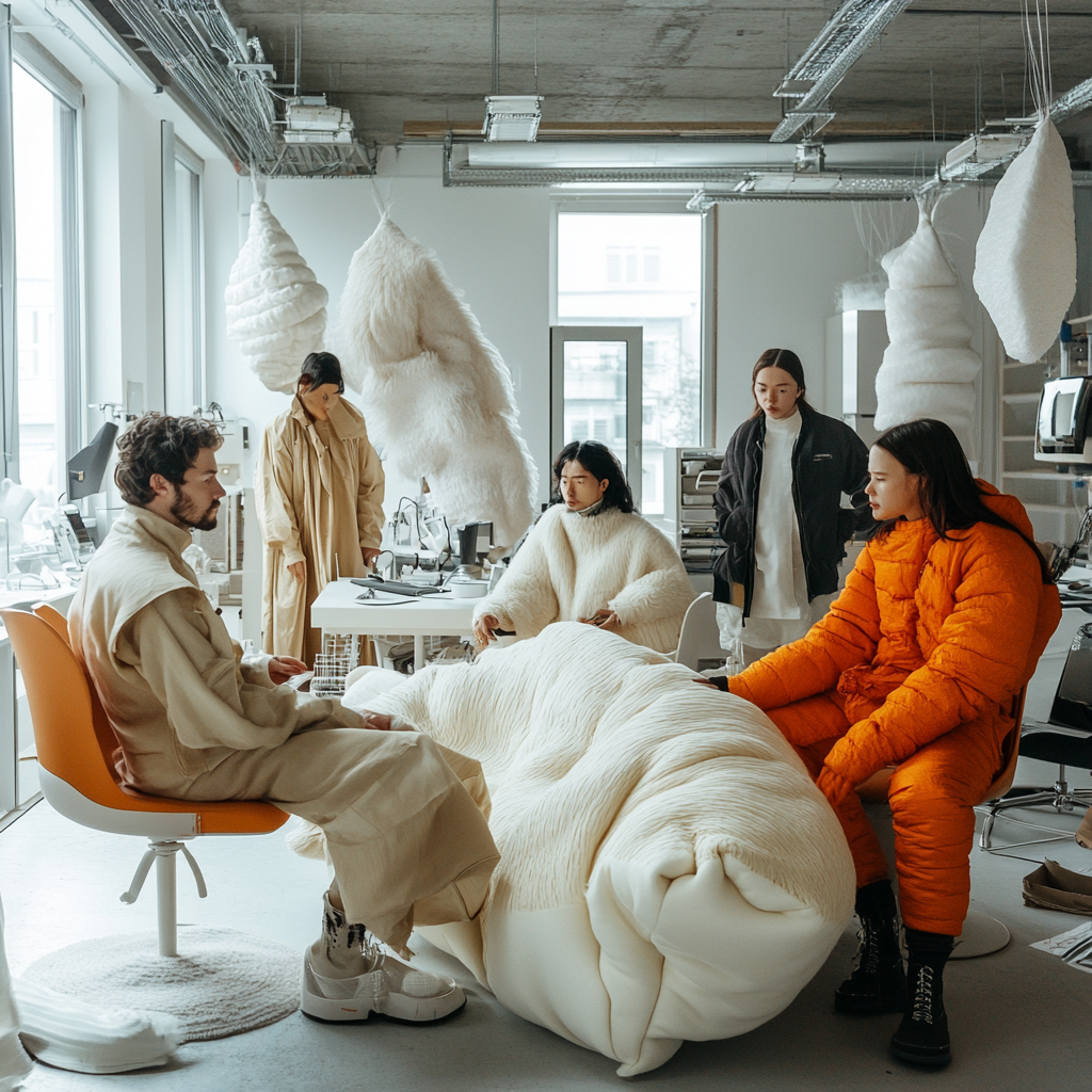 Fashion Designers Enchant Wool Coat in Modern Workspace