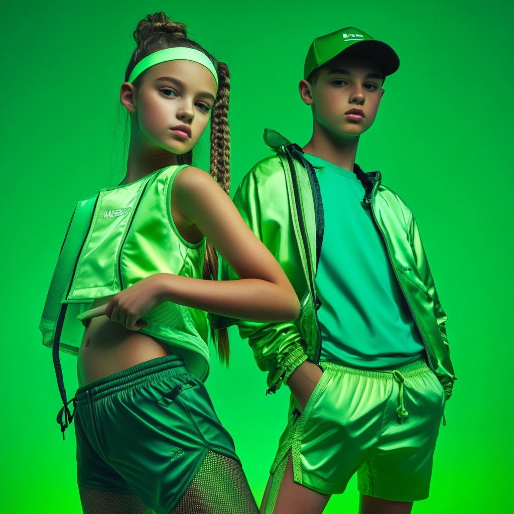 Fashion-forward 4K photo of kids in luxe sportswear.