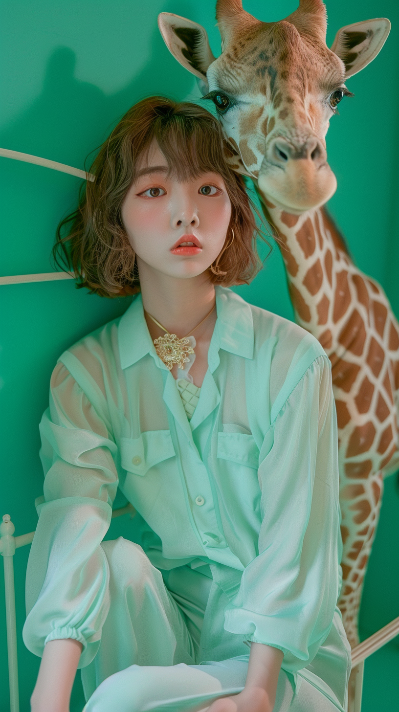 Fashion model in mint green with giraffe backdrop.