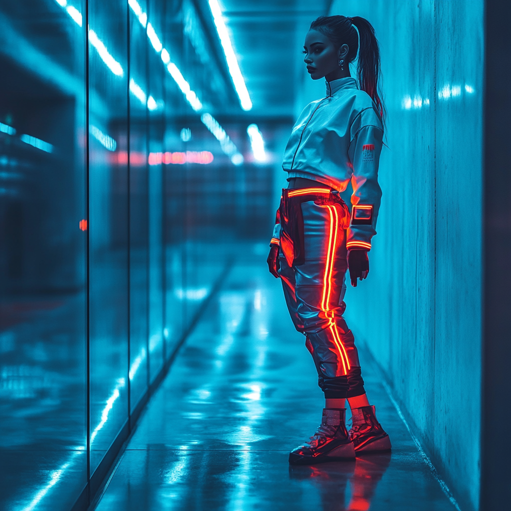 Fashion model in urban setting, futuristic attire, bold lighting.