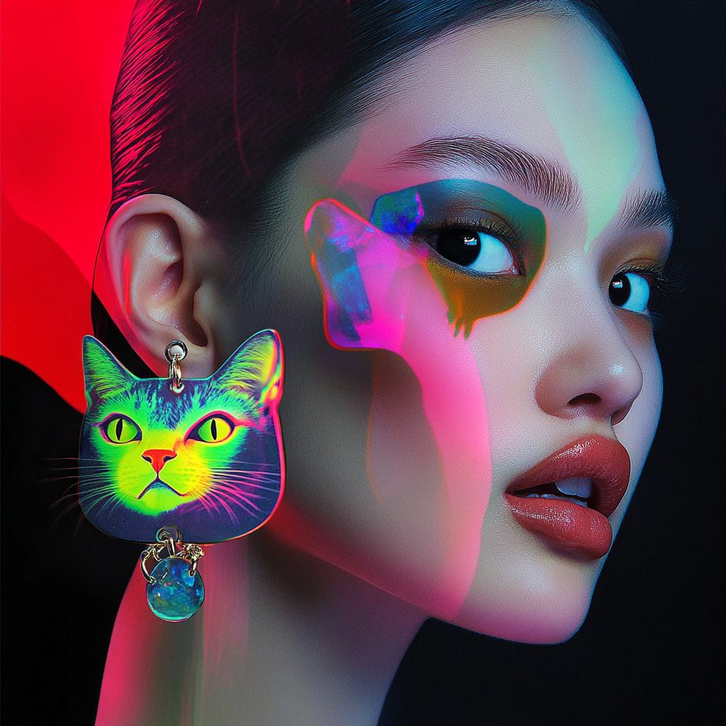 Fashion photo model earrings glass cats bright colors strange