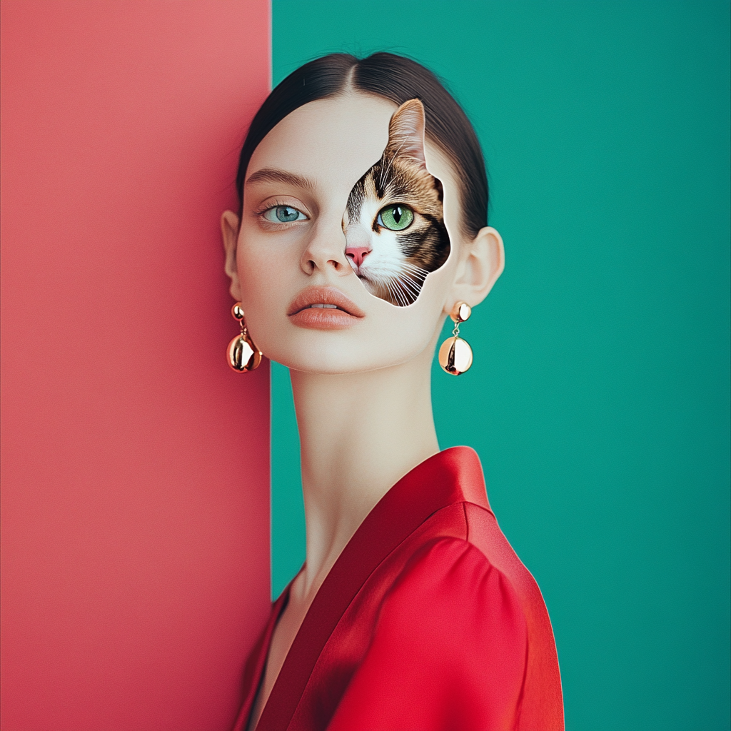 Fashion photo of model wearing cat earrings, bright colors