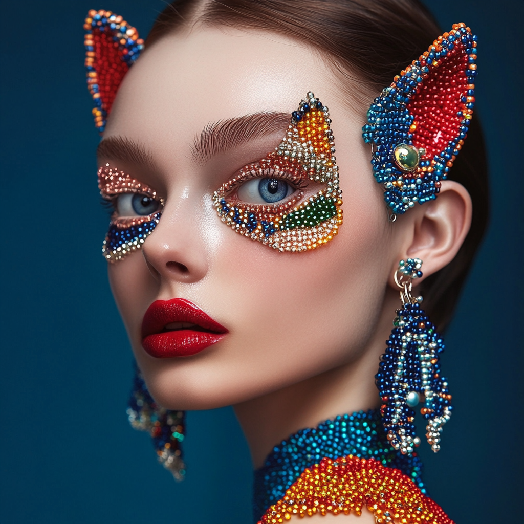 Fashion photo with model showcasing beaded cat earrings beautifully.