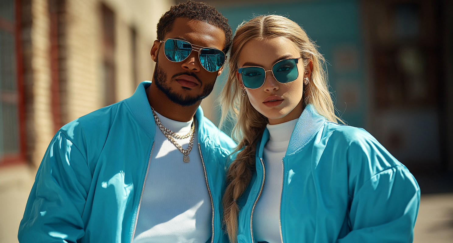 Fashion photoshoot of man and woman in track suits.