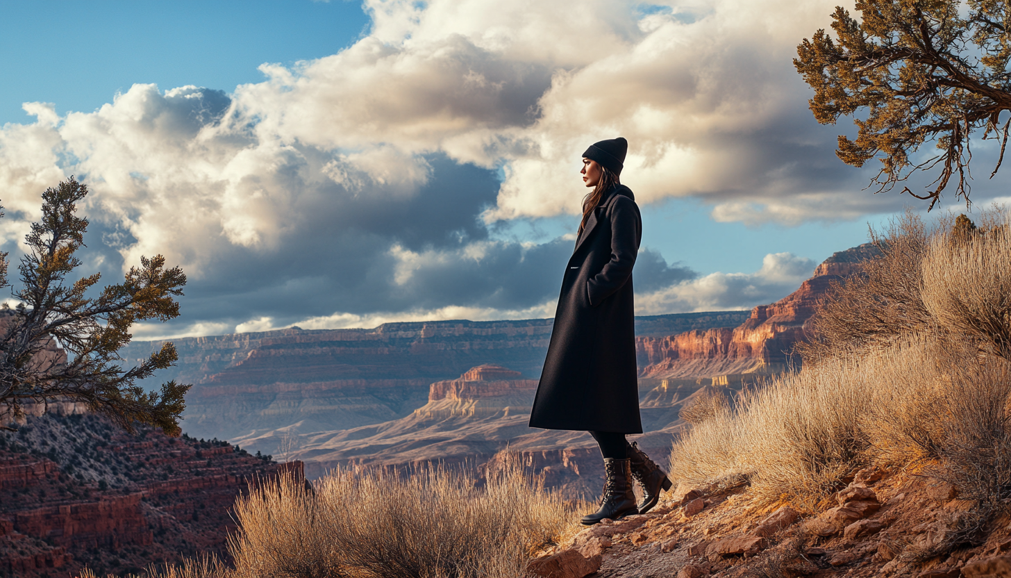 Fashion shoot: Female lawyer in winter coat at Grand Canyon