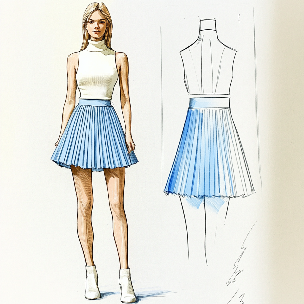 Fashion sketch of a woman wearing light blue skirt.