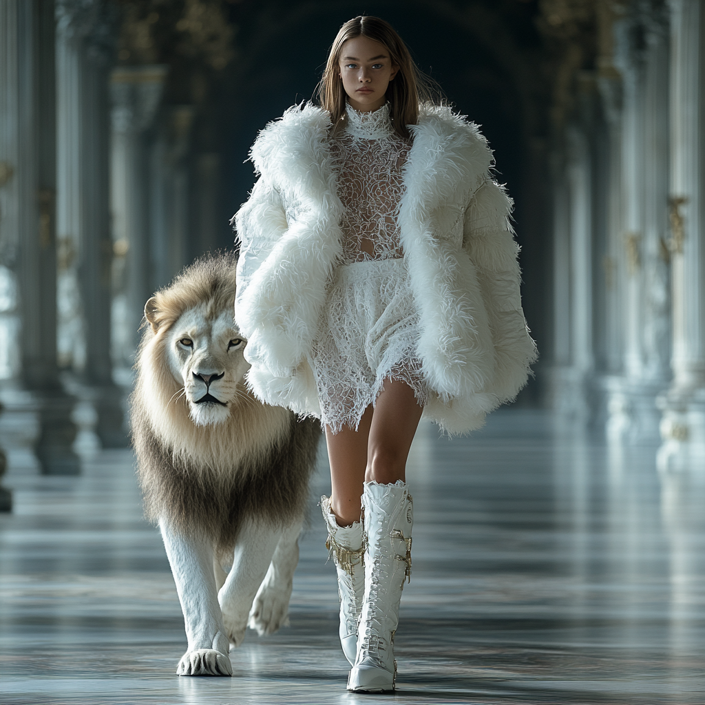 Fashion week 2030s: model in lacy jacket, leather boots.