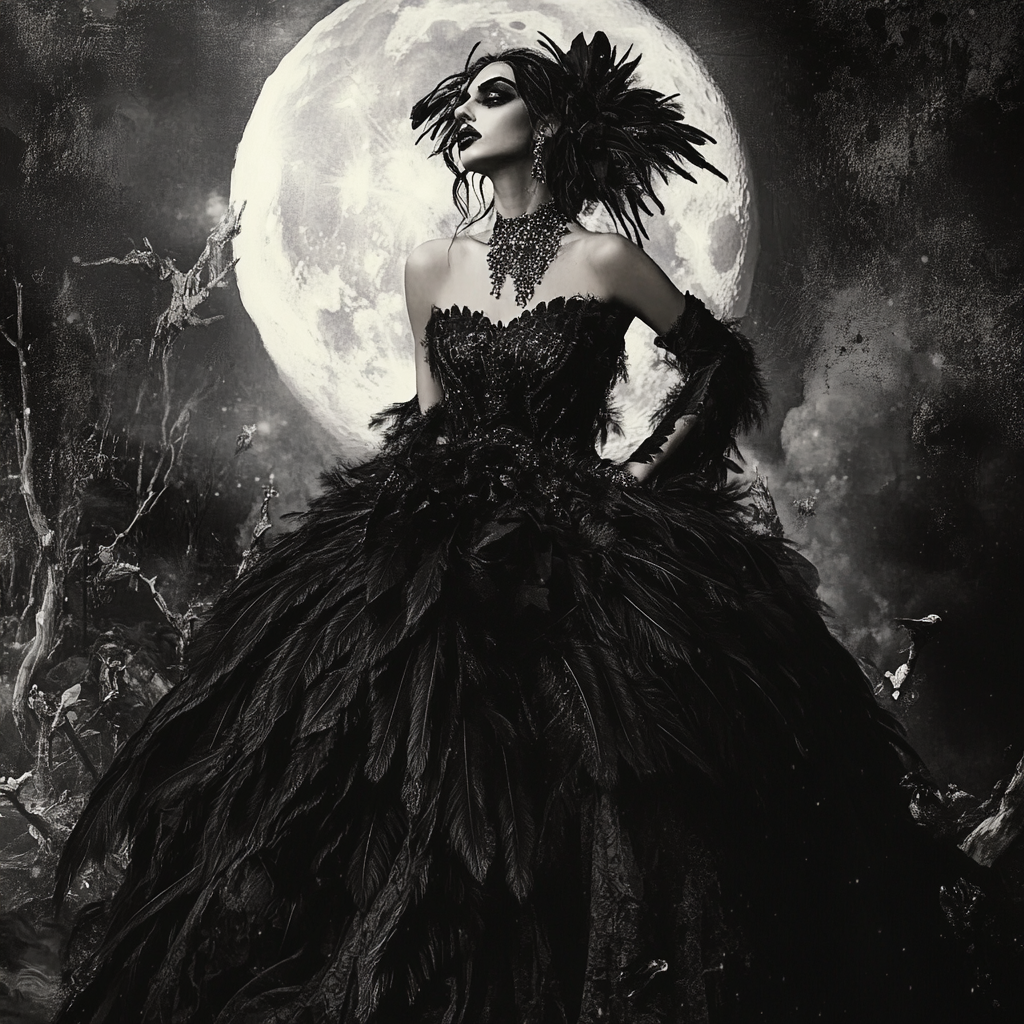 Fashion witch in feathered dress, eerie surrealism backdrop.