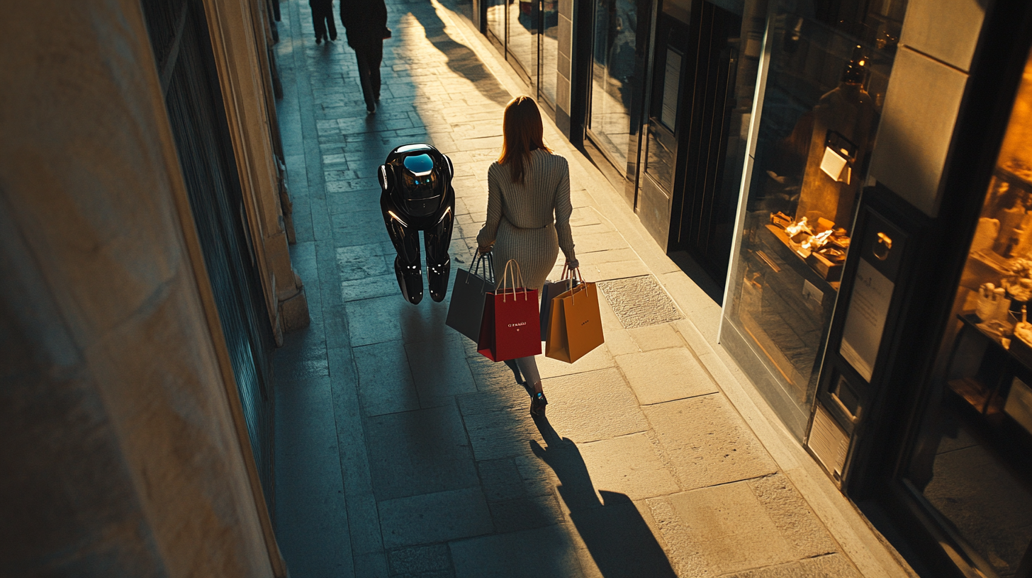 Fashion woman with robot and luxury shopping bags outdoors.