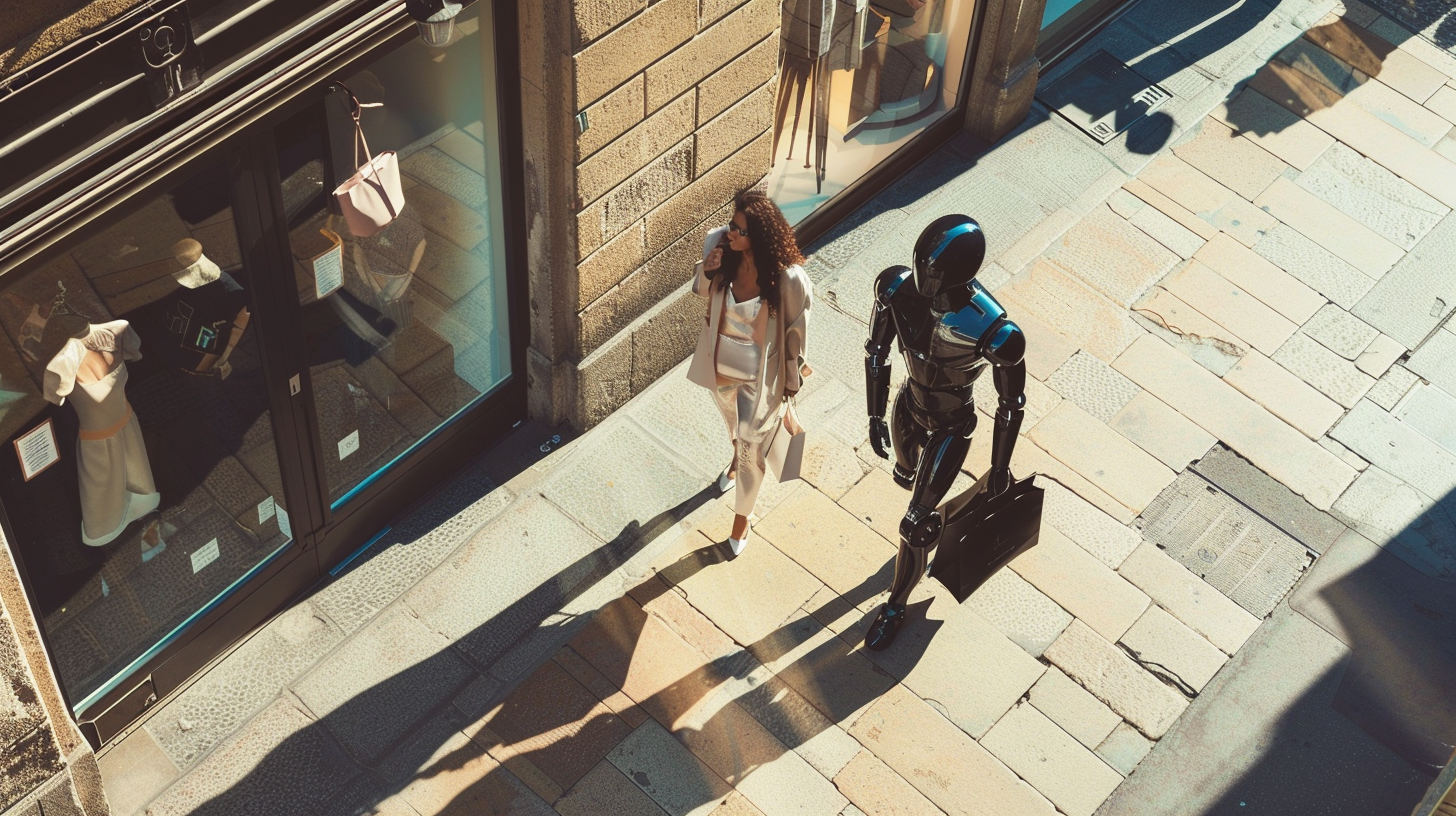 Fashion woman with robot shopping on Montenapoleone sidewalks, cinematic.